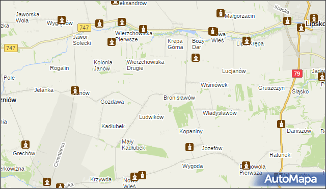 mapa Bronisławów gmina Sienno, Bronisławów gmina Sienno na mapie Targeo