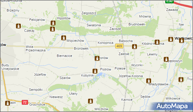 mapa Bronów gmina Wartkowice, Bronów gmina Wartkowice na mapie Targeo