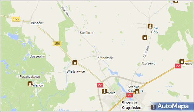 mapa Bronowice gmina Strzelce Krajeńskie, Bronowice gmina Strzelce Krajeńskie na mapie Targeo