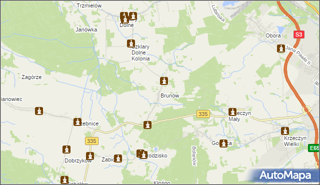 mapa Brunów gmina Chocianów, Brunów gmina Chocianów na mapie Targeo