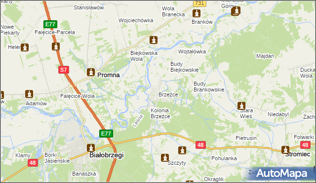 mapa Brzeźce gmina Białobrzegi, Brzeźce gmina Białobrzegi na mapie Targeo