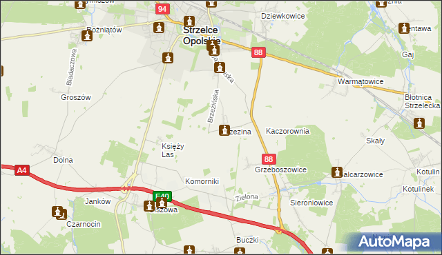 mapa Brzezina gmina Strzelce Opolskie, Brzezina gmina Strzelce Opolskie na mapie Targeo