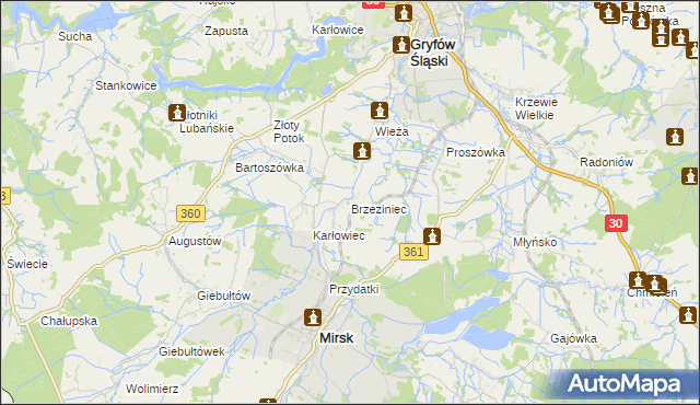 mapa Brzeziniec gmina Mirsk, Brzeziniec gmina Mirsk na mapie Targeo