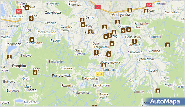 mapa Brzezinka gmina Andrychów, Brzezinka gmina Andrychów na mapie Targeo