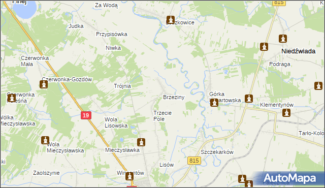 mapa Brzeziny gmina Lubartów, Brzeziny gmina Lubartów na mapie Targeo