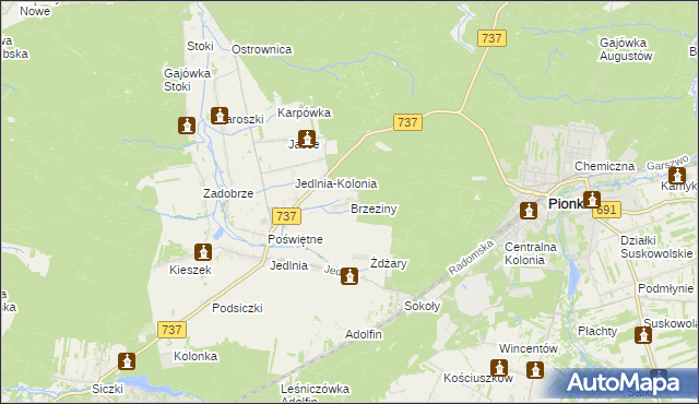 mapa Brzeziny gmina Pionki, Brzeziny gmina Pionki na mapie Targeo