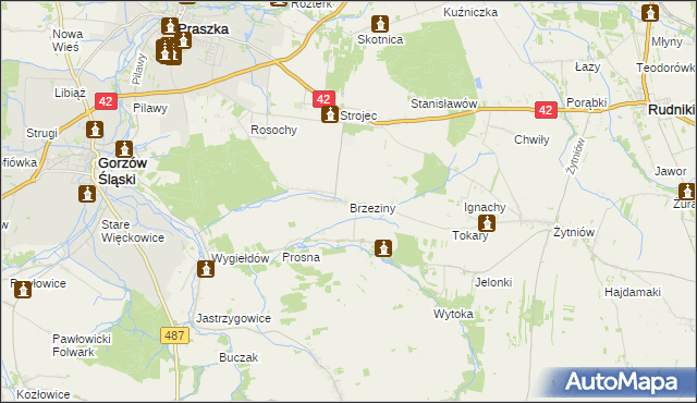 mapa Brzeziny gmina Praszka, Brzeziny gmina Praszka na mapie Targeo