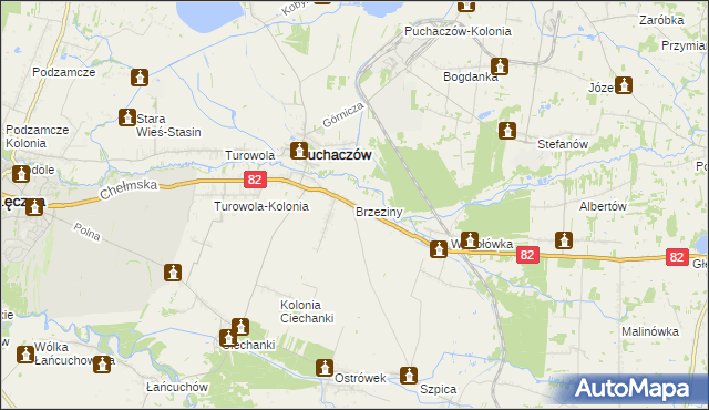 mapa Brzeziny gmina Puchaczów, Brzeziny gmina Puchaczów na mapie Targeo