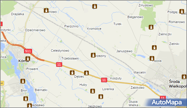 mapa Brzeziny gmina Środa Wielkopolska, Brzeziny gmina Środa Wielkopolska na mapie Targeo