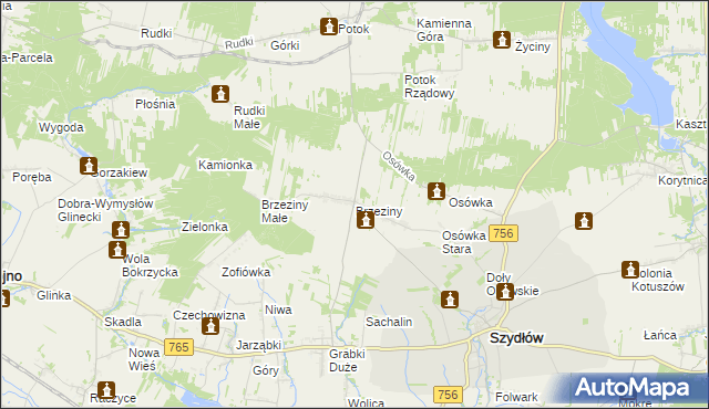 mapa Brzeziny gmina Szydłów, Brzeziny gmina Szydłów na mapie Targeo