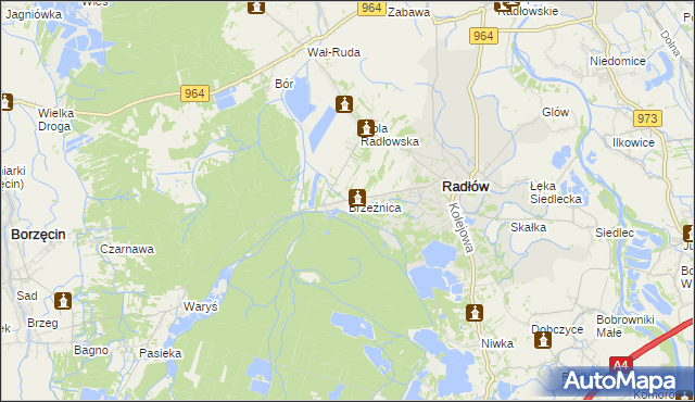 mapa Brzeźnica gmina Radłów, Brzeźnica gmina Radłów na mapie Targeo