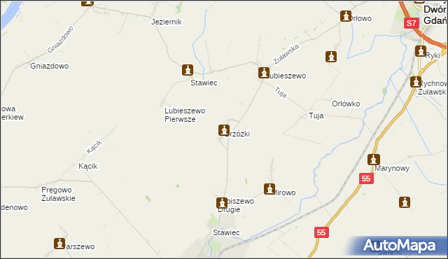 mapa Brzózki gmina Nowy Staw, Brzózki gmina Nowy Staw na mapie Targeo