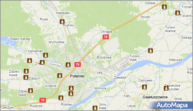 mapa Brzozowa gmina Połaniec, Brzozowa gmina Połaniec na mapie Targeo