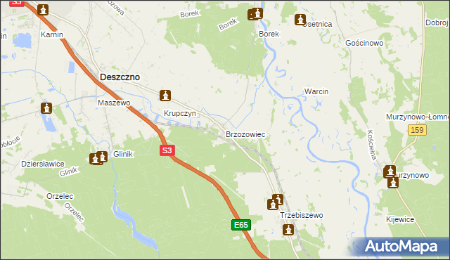 mapa Brzozowiec gmina Deszczno, Brzozowiec gmina Deszczno na mapie Targeo