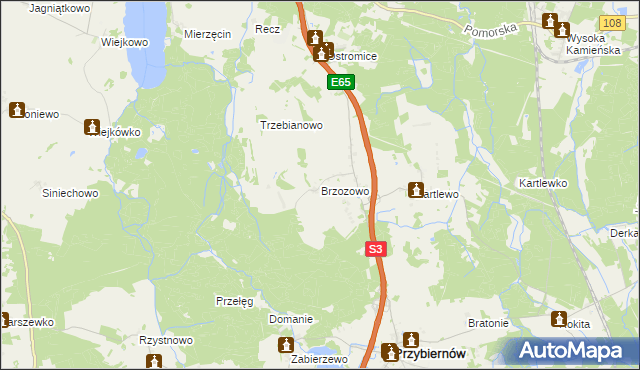 mapa Brzozowo gmina Przybiernów, Brzozowo gmina Przybiernów na mapie Targeo