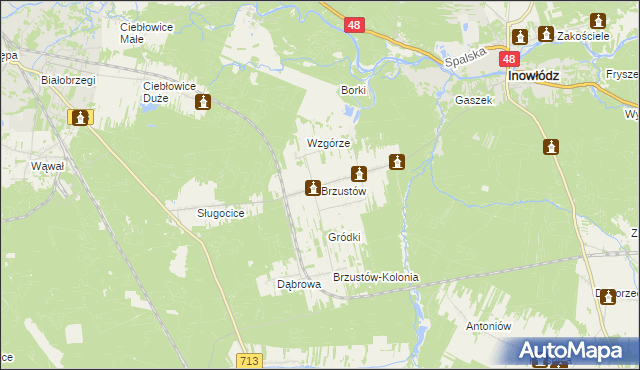 mapa Brzustów gmina Inowłódz, Brzustów gmina Inowłódz na mapie Targeo