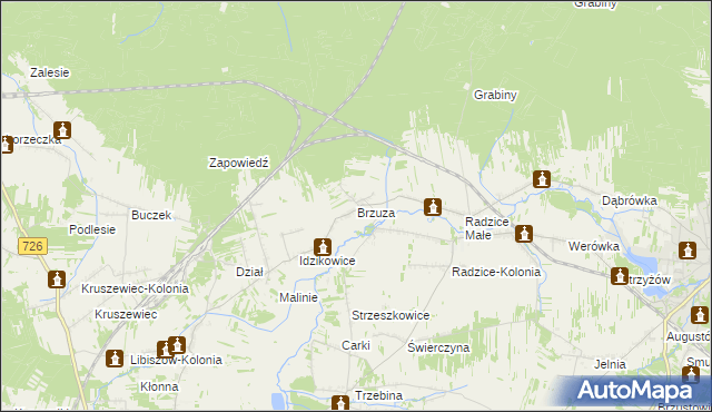 mapa Brzuza gmina Drzewica, Brzuza gmina Drzewica na mapie Targeo