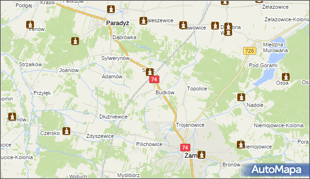 mapa Budków gmina Żarnów, Budków gmina Żarnów na mapie Targeo