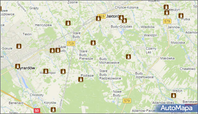 mapa Budy Michałowskie gmina Jaktorów, Budy Michałowskie gmina Jaktorów na mapie Targeo