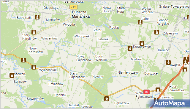mapa Budy Wolskie gmina Puszcza Mariańska, Budy Wolskie gmina Puszcza Mariańska na mapie Targeo