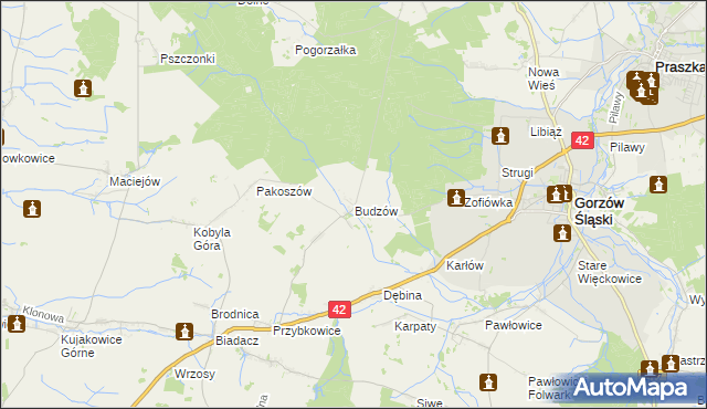 mapa Budzów gmina Gorzów Śląski, Budzów gmina Gorzów Śląski na mapie Targeo