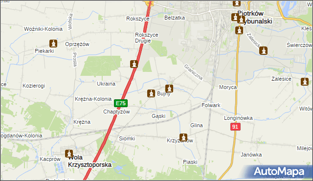 mapa Bujny gmina Wola Krzysztoporska, Bujny gmina Wola Krzysztoporska na mapie Targeo