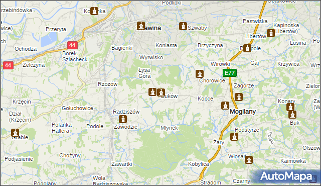 mapa Buków gmina Mogilany, Buków gmina Mogilany na mapie Targeo