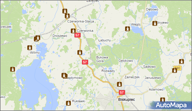 mapa Bukowa Góra gmina Biskupiec, Bukowa Góra gmina Biskupiec na mapie Targeo