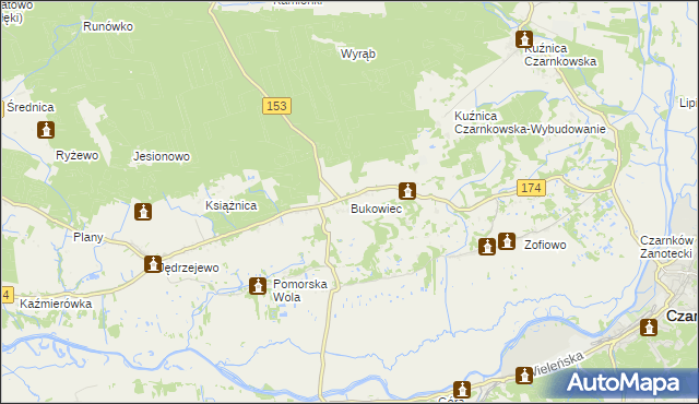 mapa Bukowiec gmina Czarnków, Bukowiec gmina Czarnków na mapie Targeo