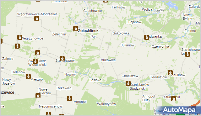 mapa Bukowiec gmina Żelechlinek, Bukowiec gmina Żelechlinek na mapie Targeo