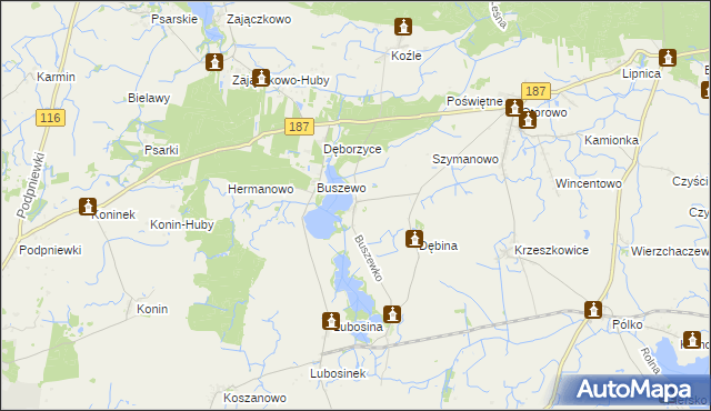 mapa Buszewko gmina Pniewy, Buszewko gmina Pniewy na mapie Targeo