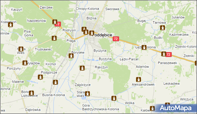 mapa Byczyna gmina Poddębice, Byczyna gmina Poddębice na mapie Targeo