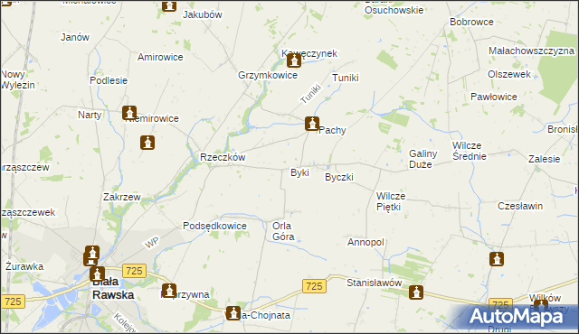 mapa Byki gmina Biała Rawska, Byki gmina Biała Rawska na mapie Targeo