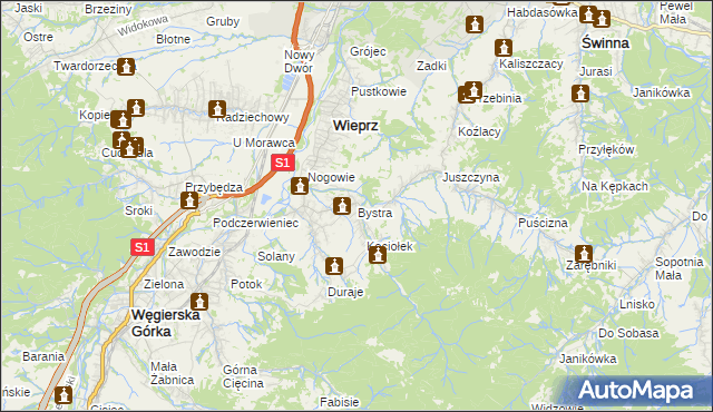 mapa Bystra gmina Radziechowy-Wieprz, Bystra gmina Radziechowy-Wieprz na mapie Targeo