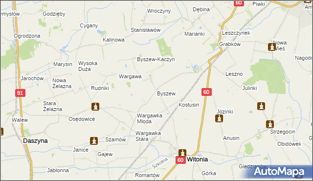 mapa Byszew gmina Kutno, Byszew gmina Kutno na mapie Targeo