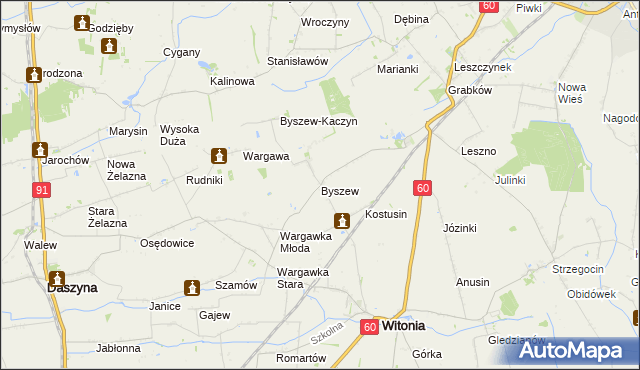mapa Byszew gmina Kutno, Byszew gmina Kutno na mapie Targeo