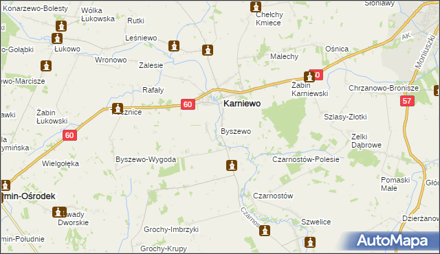 mapa Byszewo gmina Karniewo, Byszewo gmina Karniewo na mapie Targeo