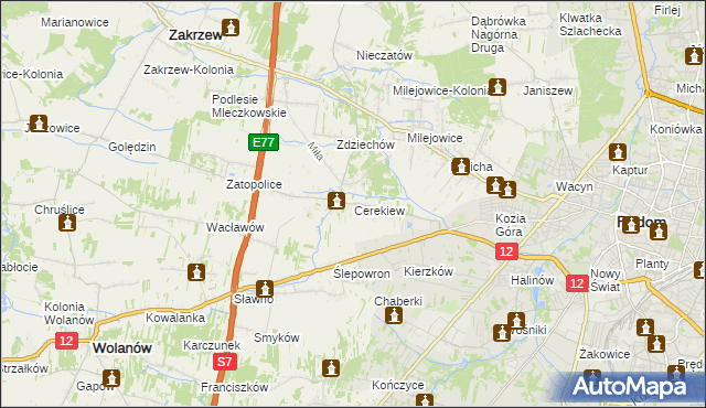 mapa Cerekiew gmina Zakrzew, Cerekiew gmina Zakrzew na mapie Targeo