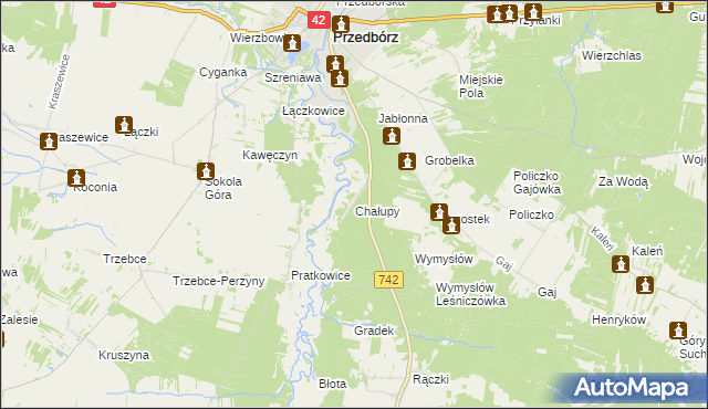 mapa Chałupy gmina Przedbórz, Chałupy gmina Przedbórz na mapie Targeo