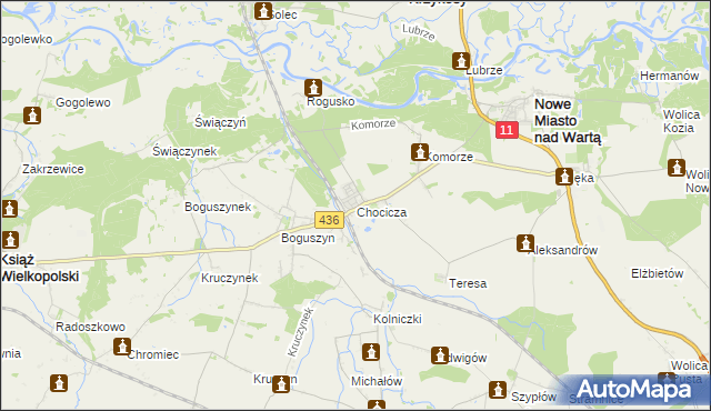 mapa Chocicza gmina Nowe Miasto nad Wartą, Chocicza gmina Nowe Miasto nad Wartą na mapie Targeo