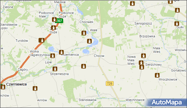 mapa Chociw gmina Czerniewice, Chociw gmina Czerniewice na mapie Targeo