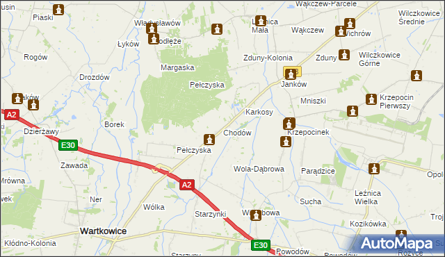 mapa Chodów gmina Wartkowice, Chodów gmina Wartkowice na mapie Targeo