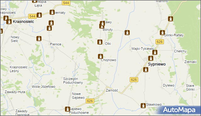 mapa Chojnowo gmina Sypniewo, Chojnowo gmina Sypniewo na mapie Targeo