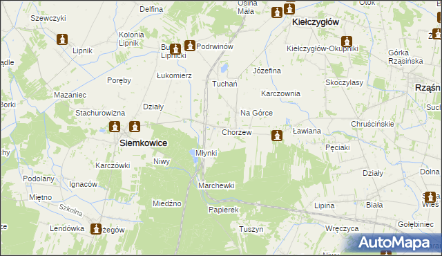 mapa Chorzew gmina Kiełczygłów, Chorzew gmina Kiełczygłów na mapie Targeo