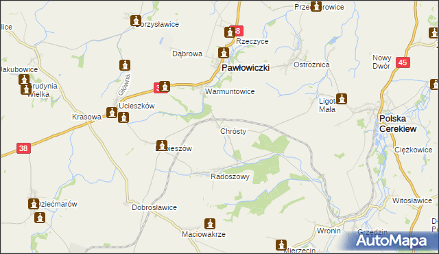 mapa Chrósty gmina Pawłowiczki, Chrósty gmina Pawłowiczki na mapie Targeo