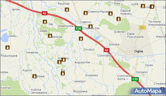 mapa Chruścin gmina Dąbie, Chruścin gmina Dąbie na mapie Targeo