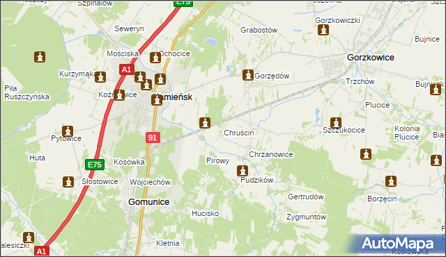 mapa Chruścin gmina Gomunice, Chruścin gmina Gomunice na mapie Targeo