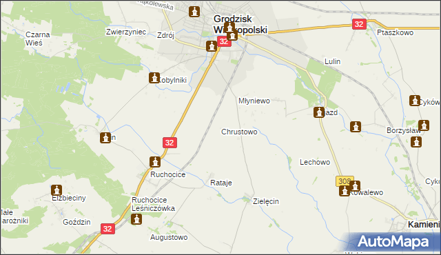 mapa Chrustowo gmina Grodzisk Wielkopolski, Chrustowo gmina Grodzisk Wielkopolski na mapie Targeo