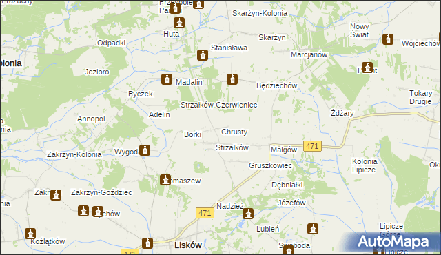 mapa Chrusty gmina Lisków, Chrusty gmina Lisków na mapie Targeo