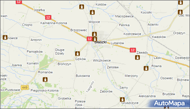 mapa Chrzanowice gmina Błaszki, Chrzanowice gmina Błaszki na mapie Targeo